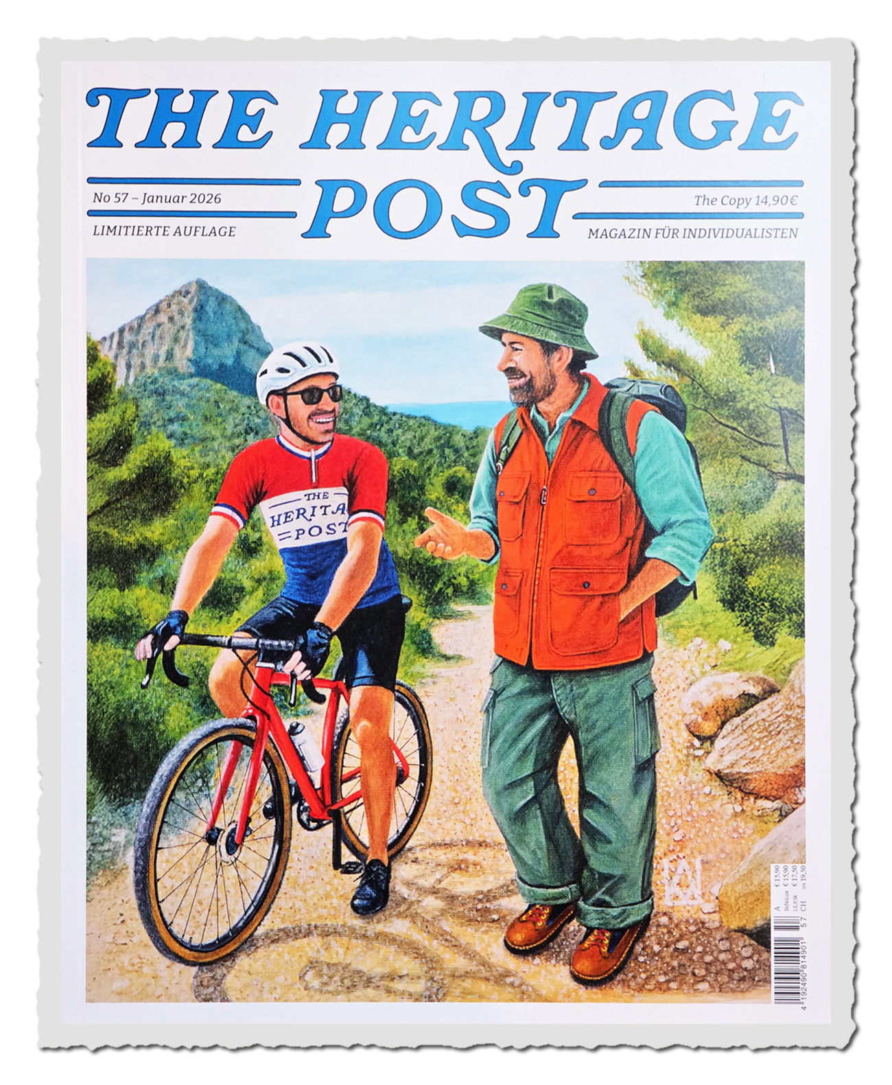 The Heritage Post Ausgabe 57 mit Radfahrer und Wanderer auf dem Cover.